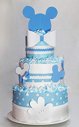 Tarta de pañales tipo Disney Mickey Mouse 2 colores, rojo y azul raton con lazo, 3 pisos,pañales talla 3 tamaños (miky, mikey)