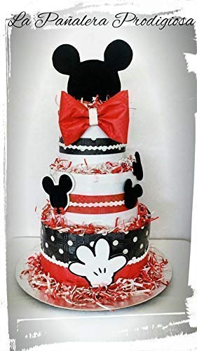 Tarta de pañales tipo Disney Mickey Mouse 2 colores, rojo y azul raton con lazo, 3 pisos,pañales talla 3 tamaños (miky, mikey)
