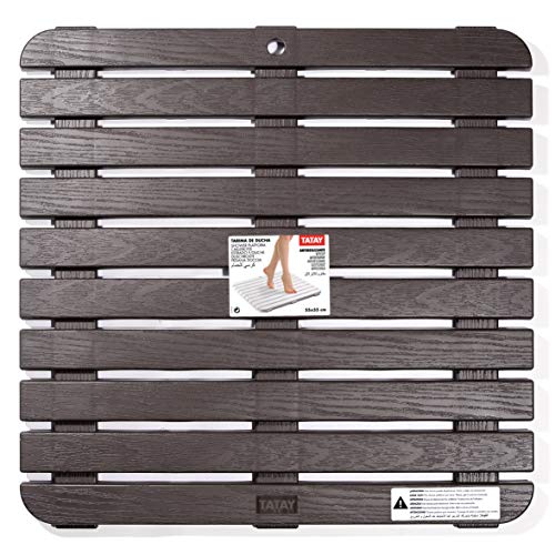 Tatay - Tarima de Baño o Ducha Antideslizante con Forma Cuadrada de Plástico y Diseño Grabado Efecto Madera. Medidas 55 cm Cada Lado, 3 cm de Alto. Color Marrón