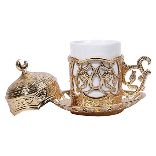 Taza de café turca con interior de porcelana, soporte de metal, platillo y tapa, Sultan Gold, 1