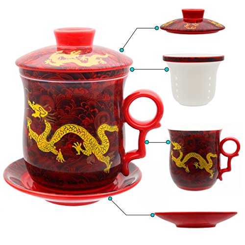 Taza de té de porcelana con tapa, infusor y platillo de HOLLIHI, cerámica china Jingdezhen, taza de café y té, sistema de preparación de té con hojas sueltas, para el hogar y la oficina