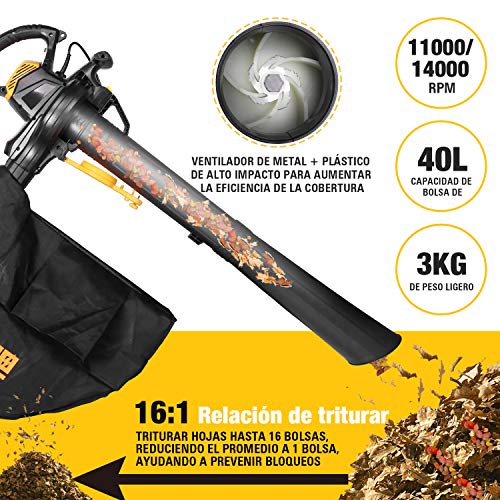 TECCPO 3-en-1 Soplador de Hojas Con Cable, Aspirador, Triturador Eléctrico, 3000W, 11000/14000 RPM, Velocidad de 210-350 km/h, 13m³/min, Relación de Trituración 16:1, 40L Bolsa - TABV01G