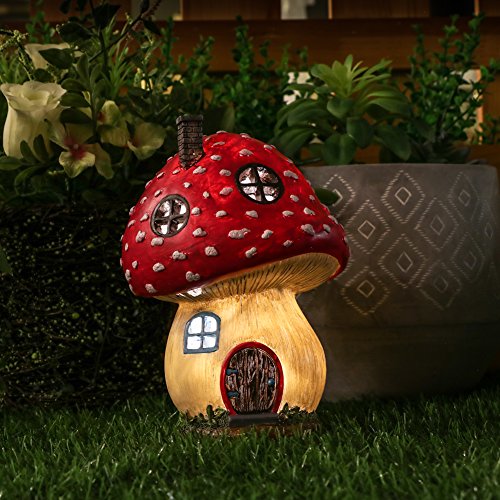 TERESA'S COLLECTIONS 19cm Adorno de Jardín Casa de Hadas Luz Solar LED, Decoracion de Jardin de Resina de Seta Rosa, Decoracion de Navidad para Hogar
