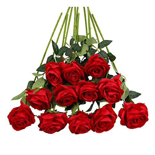 Tifuly 12 PCS Rosas Artificiales, Realista Largo Tallo Falso Rosa Seda Nupcial Ramo de Novia Flor para Home Garden Party Hotel Decoración