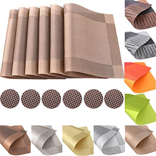 Time to Sparkle Conjunto de 12 Manteles Individuales + Posavasos de PVC Mantelitos Individuales Antideslizante Resistente al Calor Mesa de Comedor de Cocina (PVC-Dorado Champagne)