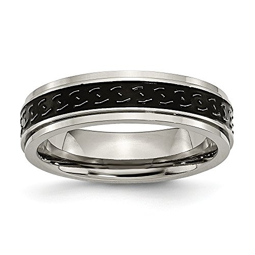 Titanium Ridged Edge Black Enamel Braid Design 6mm Polished Wedding Band Ring - Size 11.5