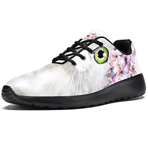 TIZORAX Zapatillas de correr para mujer gato en corona de flores de malla transpirable senderismo tenis zapatos de tenis, color Multicolor, talla 41.5 EU