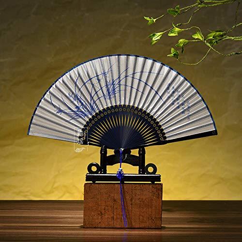 TOORY mural Ventilador clásico de Estilo Chino, Porcelana Azul y Blanca para Mujer, Acolchado de Seda, Ventilador Plegable, Escenario para Mujer, Abanico Artesanal-Azul y Blanco