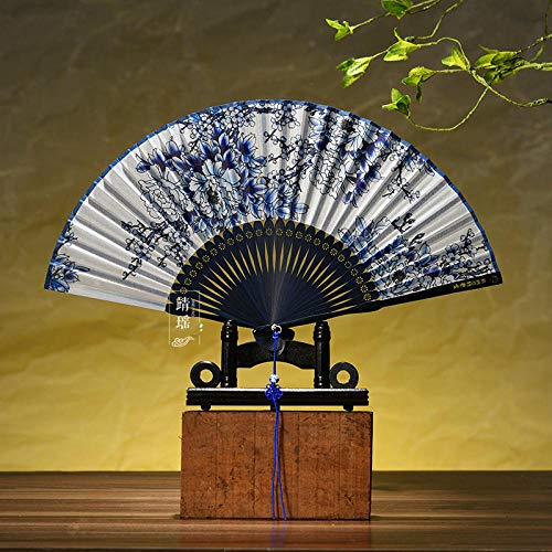 TOORY mural Ventilador clásico de Estilo Chino, Porcelana Azul y Blanca para Mujer, Acolchado de Seda, Ventilador Plegable, Escenario para Mujer, Abanico Artesanal-Azul y Blanco