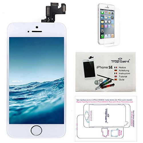 Trop Saint® Pantalla para iPhone SE Blanco - Kit de reparación LCD Completo - con Guía 5 lenguas, Superficie de Trabajo magnética, Herramientas y Film Protector Pantalla