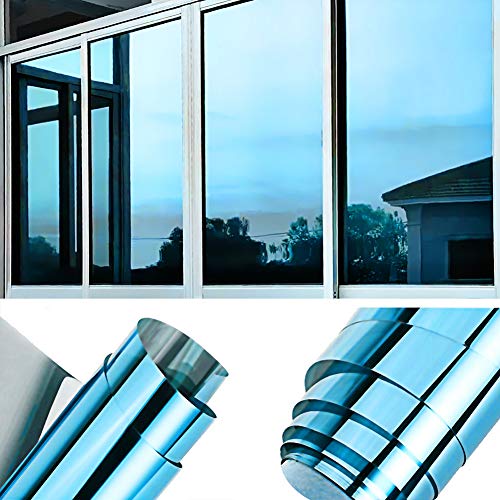 TTMOW Vinilo Pet Película Adhesiva Lámina de Espejo para Ventanas Cristal Unidireccional Protector de Privacidad Anti 99% UV y Anti 85% IR para Hogar y Oficina (Azul y Plata, 90 * 200cm)