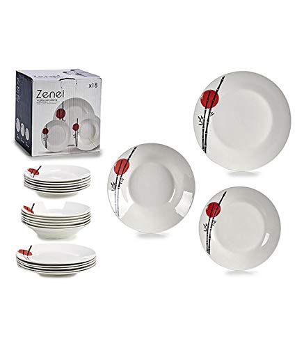 TU TENDENCIA ÚNICA Vajilla de Porcelana Modelo Zenei 18pzs para 6 comensales. Medidas: Plato Llano 24cm, Plato Hondo 21cm, Plato Postre 19cm