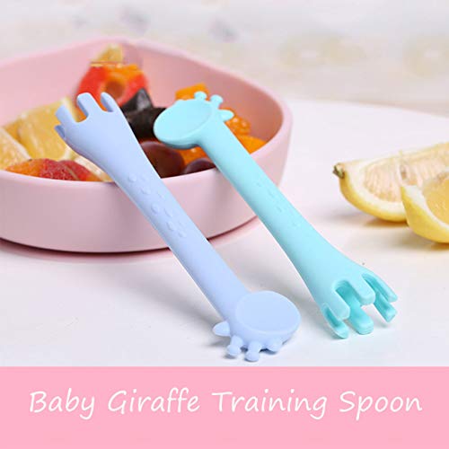 TWW Cuchara De Silicona para Bebés, Cuchara De Comida De Entrenamiento para Bebés Ejercicio Bebé Comiendo Jirafa Portátil W Vajilla De Alimentación,Rosado
