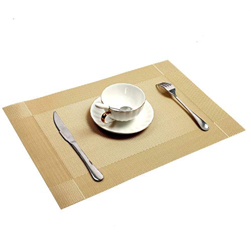 U'Artlines - Mantel individual de vinilo tejido Crossweave con aislamiento de calor, lavable, manteles individuales, dorado, 6+1