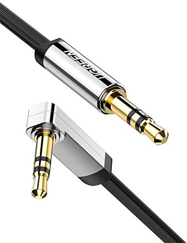 UGREEN Cable de Audio Estéreo, Cable Auxiliar Jack 3.5mm Macho a Macho, Cable Plano de Conector Jack 90 Grado Ángulo Recto para Auricular, Altavoz, Audio de Coche, iPod, TV, PC, Telefóno, 0.5Metros