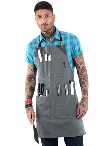 Under NY Sky Delantal y Estuche - Se Enrolla para llevar Cuchillos y Utencilios - Lona Gris Profesional - Multi Bolsillos - Refuerzo de Cuero - Hombres, Mujeres, Chef, Cocinero, Barbacoa, Restaurante