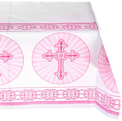 Unique Party - Mantel de Plástico - 2,13 m x 1,37 m - Diseño Religioso Cruzado Radiante - Color Rosa (43783)