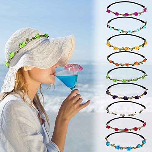URAQT Diadema Flores Mujer, Corona de Flor Venda de Pelo, Corona De Pelo para Mujer Multicolor con Rosa Flor Festival Boda Playa Aplicable Cintas para Pelo, 9PCS