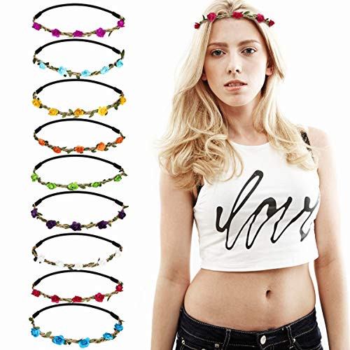 URAQT Diadema Flores Mujer, Corona de Flor Venda de Pelo, Corona De Pelo para Mujer Multicolor con Rosa Flor Festival Boda Playa Aplicable Cintas para Pelo, 9PCS