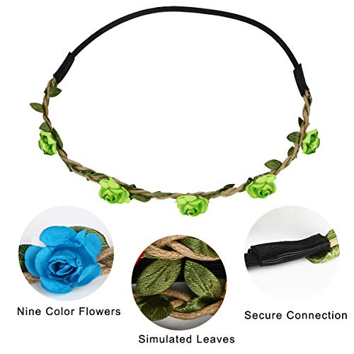 URAQT Diadema Flores Mujer, Corona de Flor Venda de Pelo, Corona De Pelo para Mujer Multicolor con Rosa Flor Festival Boda Playa Aplicable Cintas para Pelo, 9PCS