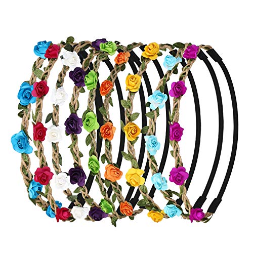 URAQT Diadema Flores Mujer, Corona de Flor Venda de Pelo, Corona De Pelo para Mujer Multicolor con Rosa Flor Festival Boda Playa Aplicable Cintas para Pelo, 9PCS