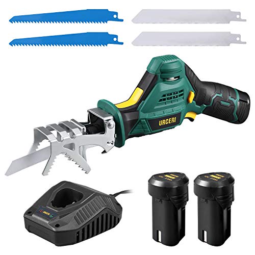 URCERI 12V Sierra de jardín inalámbrica, 0-2700RPM, 2 baterías (2.0Ah), Cargagor de carga rápida 2.4Ah, 4 cuchillas, Interruptor de seguridad