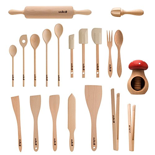 Uulki® 20 piezas Set Utensilios de cocina ecológica de Ardennes Madera de Haya – con cascanueces