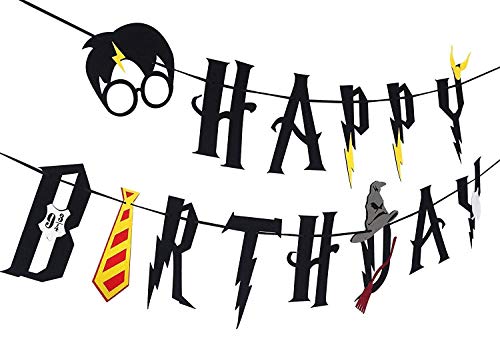 U&X Suministros para la Fiesta de cumpleaños de Wizard - Happy Birthday Banner Felt Garland Party Decoration, HP Theme Party Decorations, Black