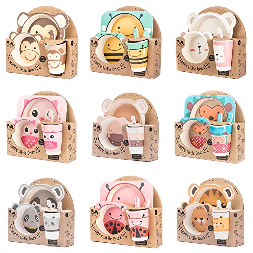 Vajilla infantil de 5 piezas de All Kids United, fabricada en bambú y con 9 diseños disponibles