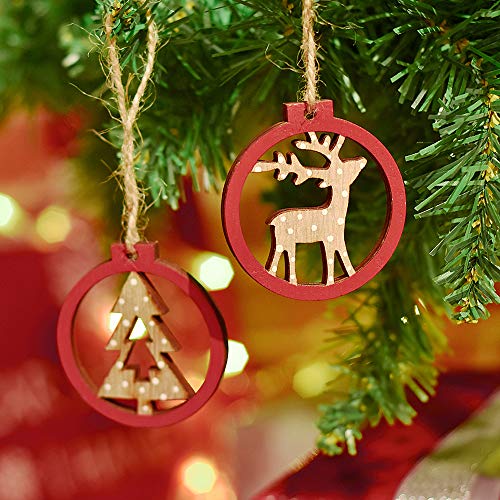 Valery Madelyn Adornos del árbol de Navidad de Madera, 24pcs 2.4in/6cm Decoración de Navidad de Rojo, Colgantes Renos, Cuerda Pre Atado (Bosque)