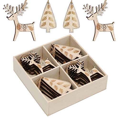 Valery Madelyn Adornos del árbol de Navidad de Madera, 24pcs Decoración de Navidad de Dorado, Colgantes Renos, Cuerda Pre Atado (Bosque)