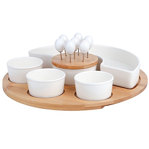 vancasso Cuencos de Salsas/Aperitivos Snack, Tapas, con 3 Cuencos Pequeños, 7 Pinchos, Bandeja de Bambú,Tazones Bol de Aperitivo, Vajilla de Porcelana