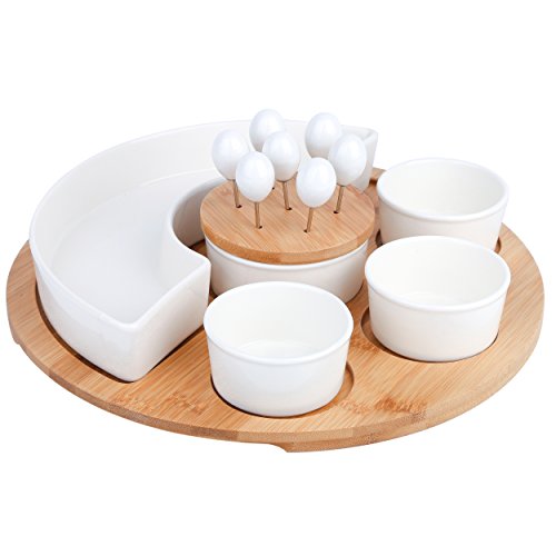 vancasso Cuencos de Salsas/Aperitivos Snack, Tapas, con 3 Cuencos Pequeños, 7 Pinchos, Bandeja de Bambú,Tazones Bol de Aperitivo, Vajilla de Porcelana