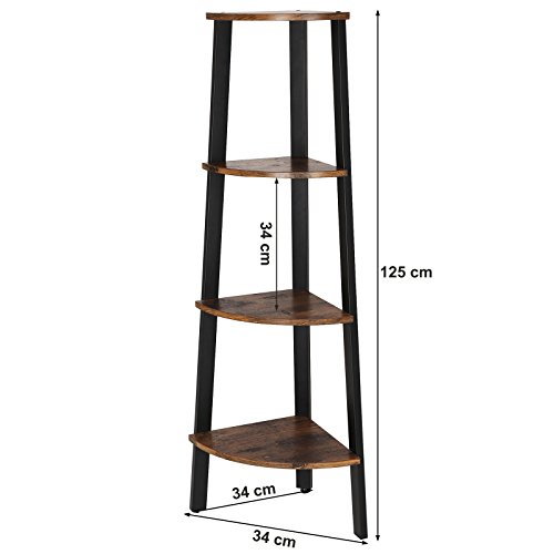 VASAGLE Estantería de Esquina, con 4 Estantes, Fácil de Montar, Marco de Acero, para Salón, Dormitorio, Balcón, Diseño Industrial, Vintage, Marrón Rústico y Negro LLS34X