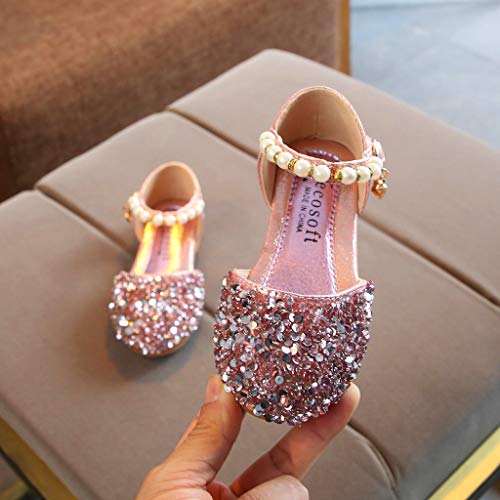 VECDY Zapatillas Bebe Niño, Sandalias Bebe Niñas Perlas, Lentejuelas Bling,Zapatos Princesa Sandalias para Bebé De Charol Cuero Negro para Fiestas, Bodas Y Eventos Especiales (Rosa,24)