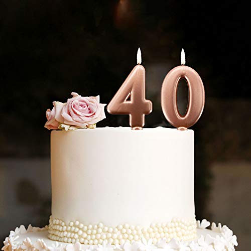 Velas de 40 años de color rosa dorado para tartas, fiestas de cumpleaños, decoración de velas de cumpleaños, tarta 40, altura 10 cm