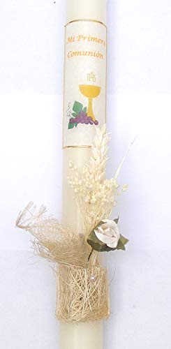 VELAS PINSART Vela de Comunión posibilidad de Personalizar medidas 40x3 cm en color,blanco y dorado con rafia y una rosa blanca (blanco personalizado)