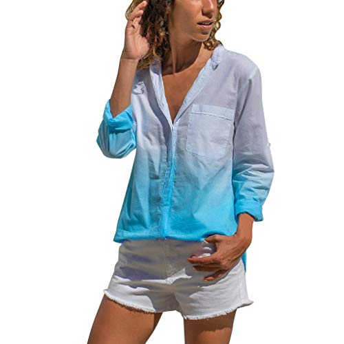 VEMOW Tops Mujer Polca Manga Larga Blusa Gradiente Señoras Casual Oficina Trabajo Cuello en v Camiseta Dobladillo Irregular De Decoracion Oficina OtoñO Primavera Nueva Mejor Venta(Azul,S)