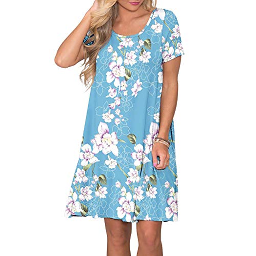 VEMOW Vestido Mujer Mujeres Verano Manga Corta Floral Bolsillos Impresos Vestido de oscilación Ocasional de Sundress(A Cielo Azul,XL)