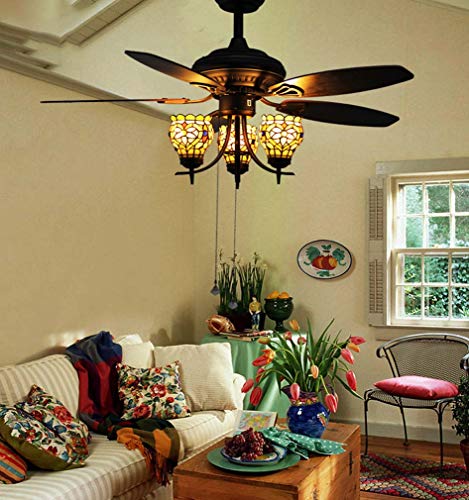 Ventilador de techo vintage Ventilador 5 aspas de madera con vitrina de estilo tiffany 3-Light Lotus Uplight Light Kit, lámpara de abanico artesanal silenciosa, acabado en negro, para Sala Comedor