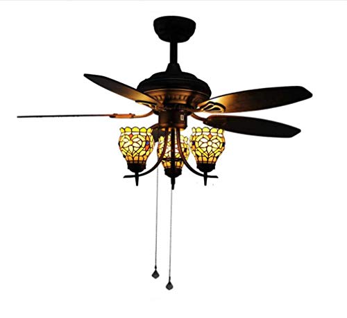 Ventilador de techo vintage Ventilador 5 aspas de madera con vitrina de estilo tiffany 3-Light Lotus Uplight Light Kit, lámpara de abanico artesanal silenciosa, acabado en negro, para Sala Comedor