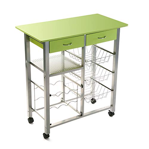 Versa 15810416 Carro verdulero de Cocina y botellero Verde de Metal, PVC y Madera con cajones y cestas con 4 Ruedas, 82 x 40 x 76 cm