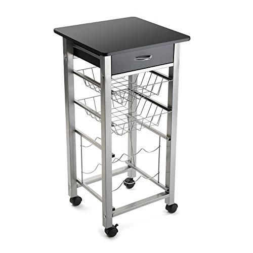Versa Perth Carro verdulero Negro de Cocina y botellero con cajón y cestas con 4 Ruedas, Metal, PVC y Madera MDF, 82 x 40 x 40 cm