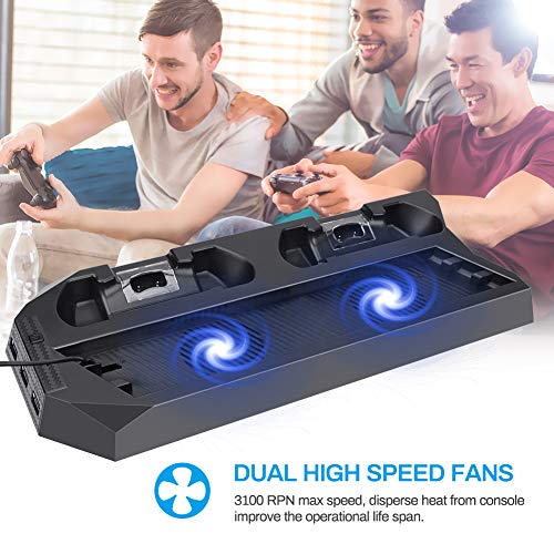 Vertical Stand for PS4 Slim/PS4 Pro, Achort Controller Charging Station with 2 Cooling Fans 2 Controller Charger Station, 3 Extra USB HUB Ports and 1USB Cable for PlayStation 4 Slim/Pro Consoles