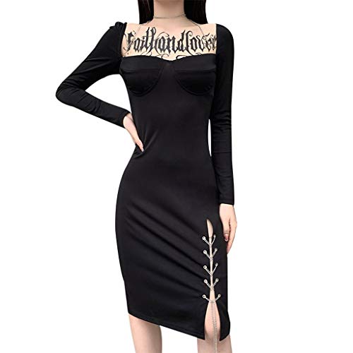 Vestido de manga larga negro para mujer, punk hueco vendaje una línea de swing gótico para fiesta cóctel baile club
