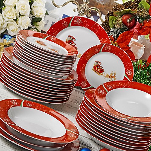 VEWEET, Serie CHRISTMASDEER, 36 Piezas Vajillas de Porcelana, Vajillas de Navidad Decoracion Fiesta/Mesa, 12 Platos Hondos, Platos Llanos y Platos de Postre