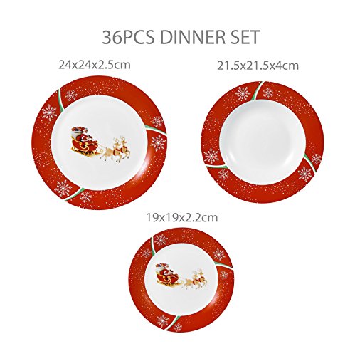 VEWEET, Serie CHRISTMASDEER, 36 Piezas Vajillas de Porcelana, Vajillas de Navidad Decoracion Fiesta/Mesa, 12 Platos Hondos, Platos Llanos y Platos de Postre