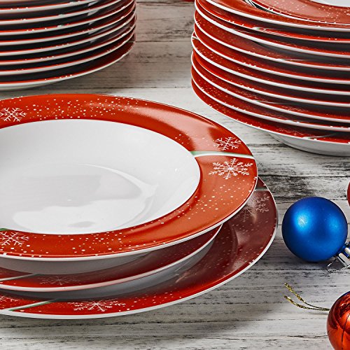 VEWEET, Serie CHRISTMASDEER, 36 Piezas Vajillas de Porcelana, Vajillas de Navidad Decoracion Fiesta/Mesa, 12 Platos Hondos, Platos Llanos y Platos de Postre