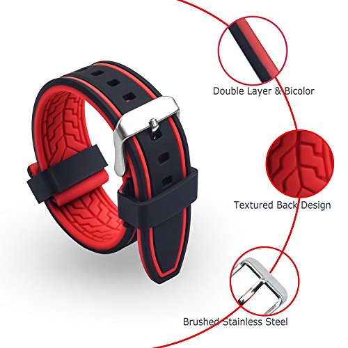 Vinband Correa Reloj Calidad Alta Recambios Correa Relojes Caucho Bicapa Bicolor - 20mm, 22mm, 24mm, 26mm Silicona Correa Reloj con Hebilla de Acero Inoxidable Cepillado (26mm, Rojo)