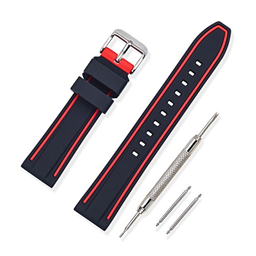 Vinband Correa Reloj Calidad Alta Recambios Correa Relojes Caucho Bicapa Bicolor - 20mm, 22mm, 24mm, 26mm Silicona Correa Reloj con Hebilla de Acero Inoxidable Cepillado (26mm, Rojo)